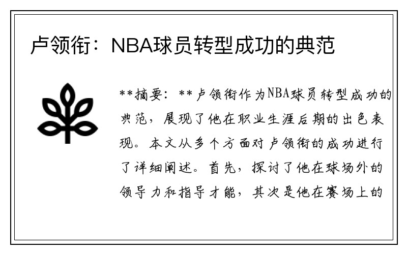 卢领衔：NBA球员转型成功的典范