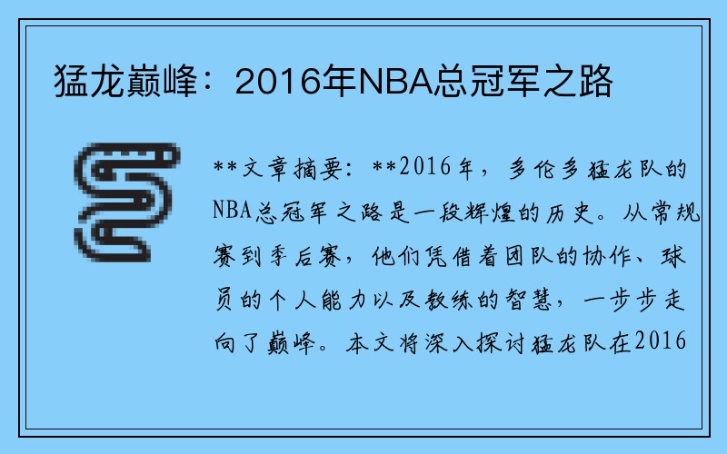 猛龙巅峰：2016年NBA总冠军之路